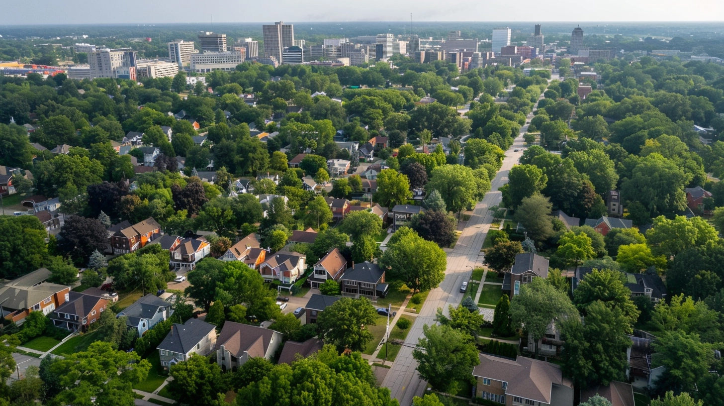 Aerial view of Old Town Lansing neighborhood with mature trees over residential roofs in winter
